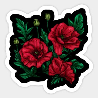 Decorative red and green poppies flowers on black Sticker